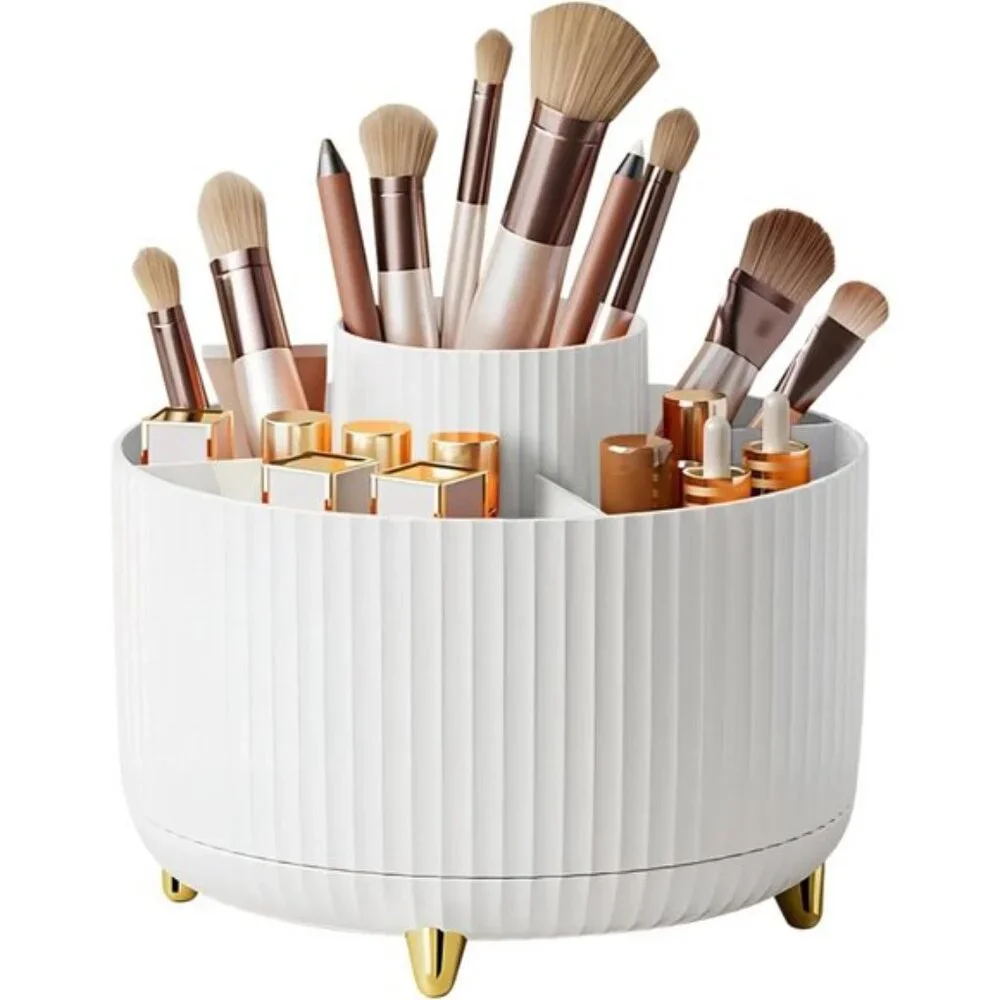 Large Capacity 360° Rotating Makeup Brush Holder, 5-Slot White Vanity Organizer